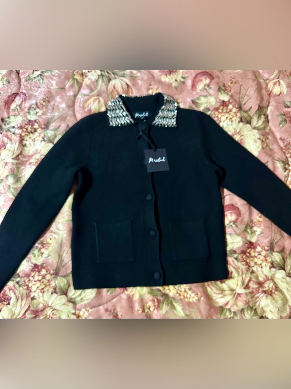 Marled Black Blazer with Jeweled Collar